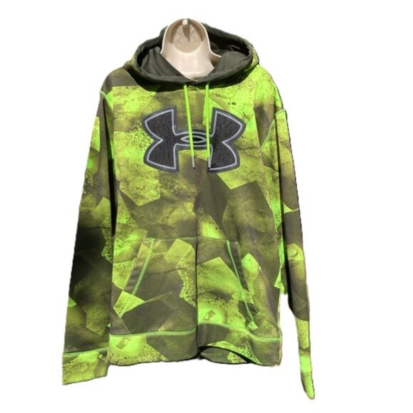 UNDER ARMOUR Loose Fit Neon Green Camo Hoodie Kangaroo Pocket Mens Large - Picture 1 of 11